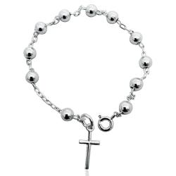 Bracciale rosario in argento 925 bianco cm 18 con pallina liscia da 5 mm e croce