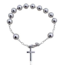 Bracciale rosario in argento 925 rodiato cm 21 bianco pallina da 8 mm e croce
