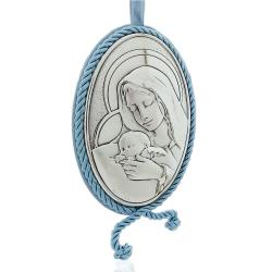 Capoculla Medaglione ovale celeste cm 10x7 Madonna con bimbo laminata argento