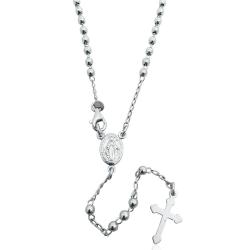 Collana a rosario cm 50 in argento 925 rodiato con pallina liscia mm 3 e con madonna miracolosa e croce a lancia