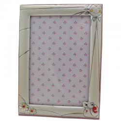 Cornice portafoto per bimba con Lumaca e margherite in argento con retro in legno rosa 15x11. prima infanzia cornici