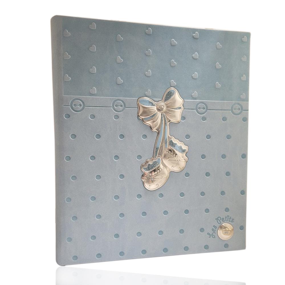 Album foto diario in pelle 25x20 azzurra con fiocchetto con scarpine in argento e glitter