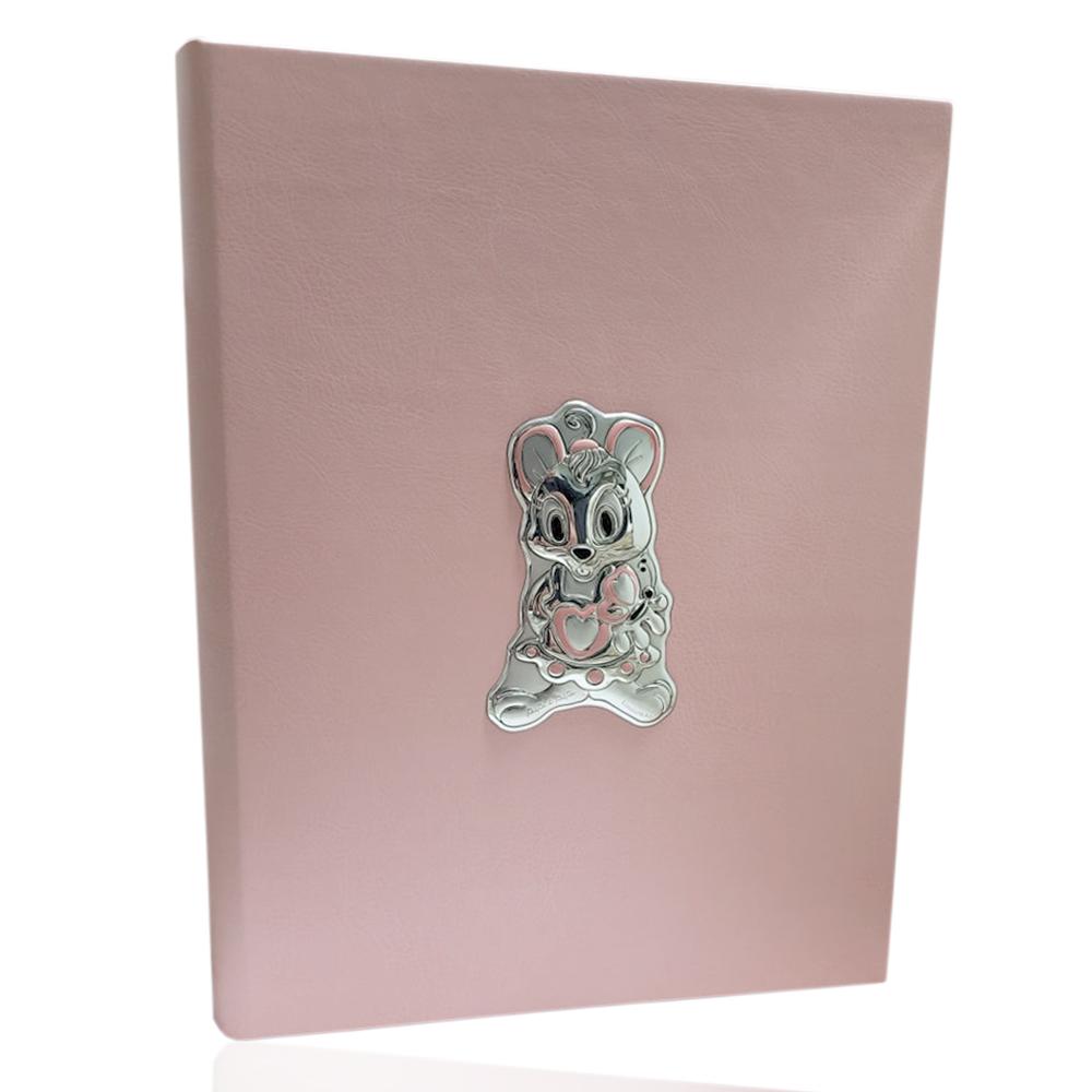 Album foto diario per nascita o battesimo cm 30x22 in pelle rosa con coniglietta con cuori in argento e smalti