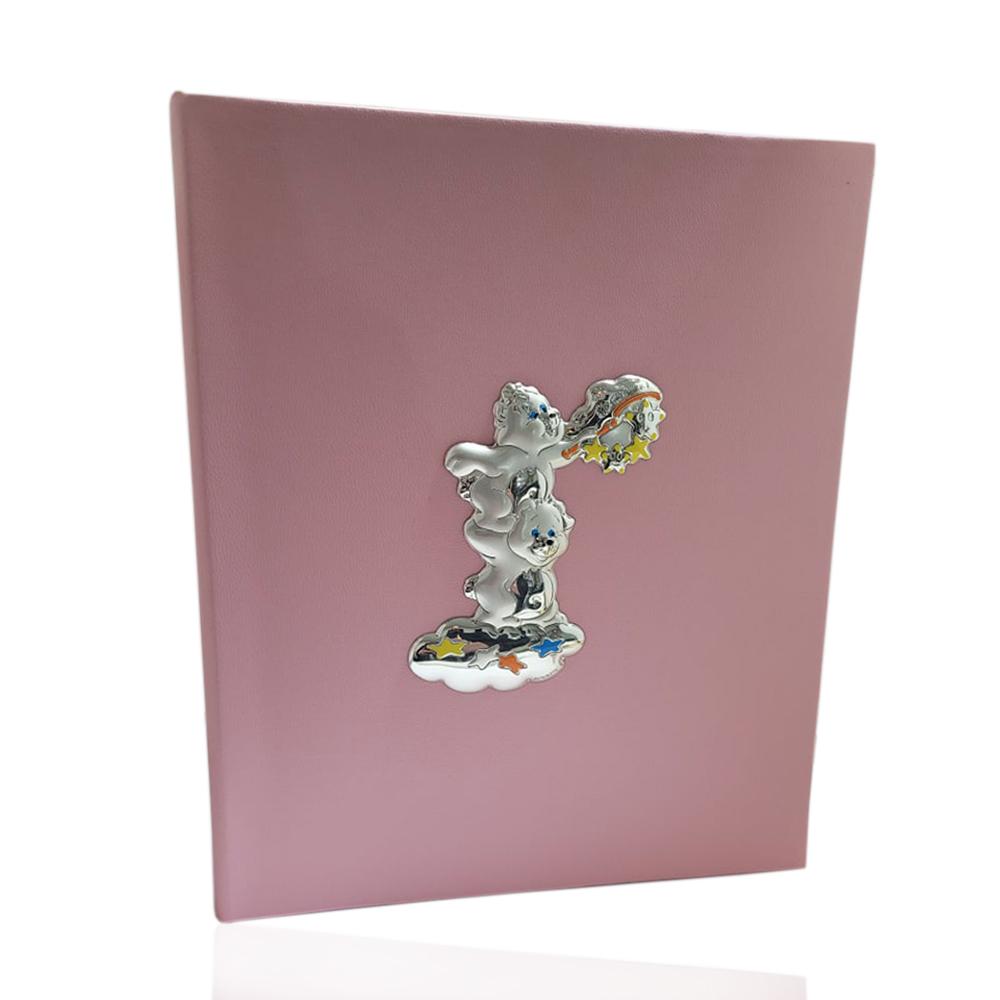 Album foto diario rosa 20x25 con orsetti su nuvole in argento 925 e smalti