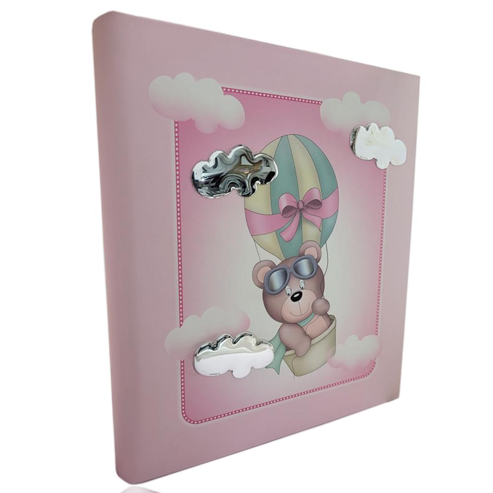 Album foto diario rosa orsetto in mongolfiera 20x25 con applicazioni laminato argento 