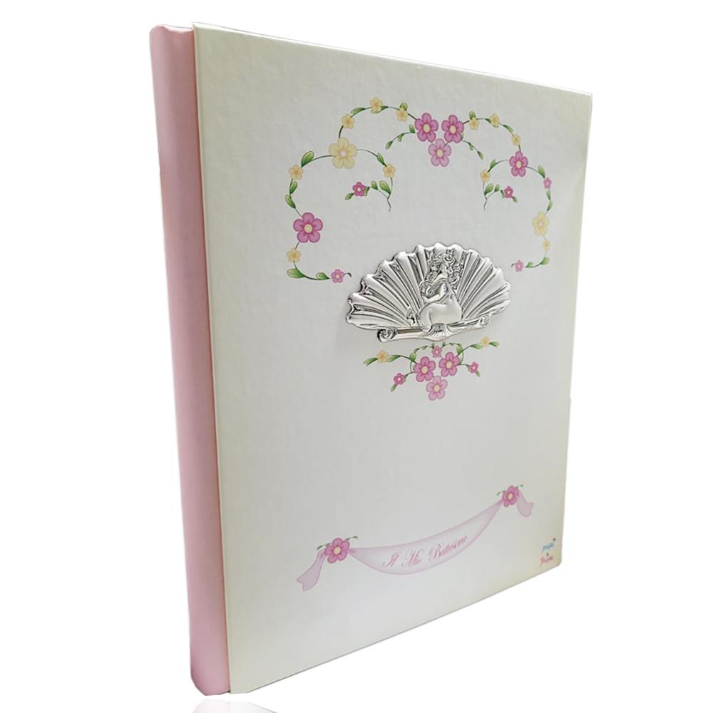 Album fotografico il mio battesimo cm 30x22 in pelle bianco-rosa con borchia in argento bambina che dorme