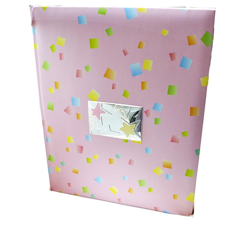 Album fotografico 23x30 rosa per nascita o battesimo con stelle laminato argento e smaltate