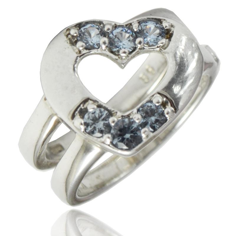 Anello cuore doppio gambo in argento 925 rodiato con zirconi azzurri collezione benetton