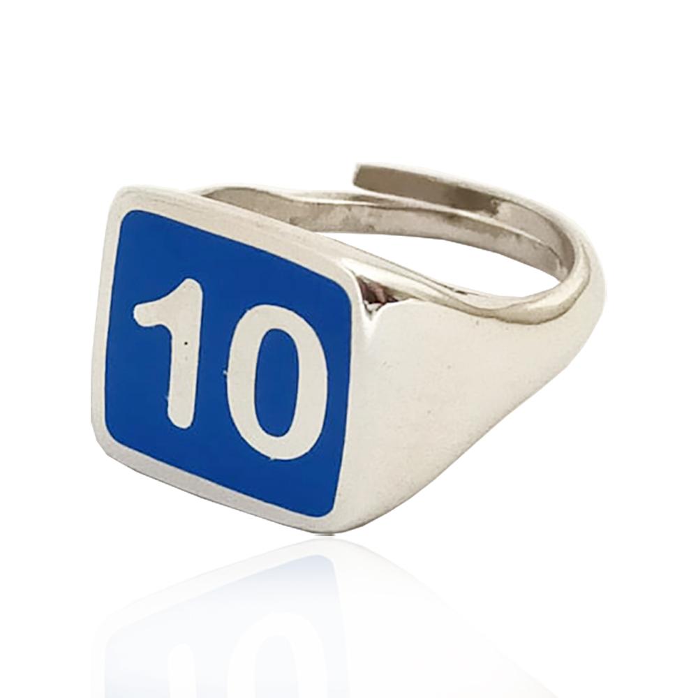 Anello da uomo in argento massiccio 925 rodiato con numero dieci azzurro