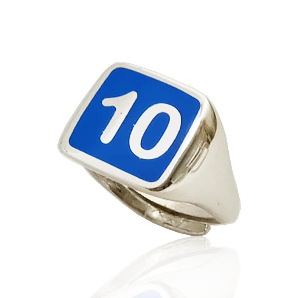 Anello da uomo in argento massiccio 925 rodiato con numero dieci azzurro