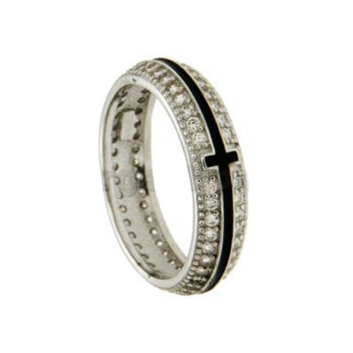 Anello fascia mm 5 con croce smaltata centrale e pave' di zirconi in argento 925 rodiato
