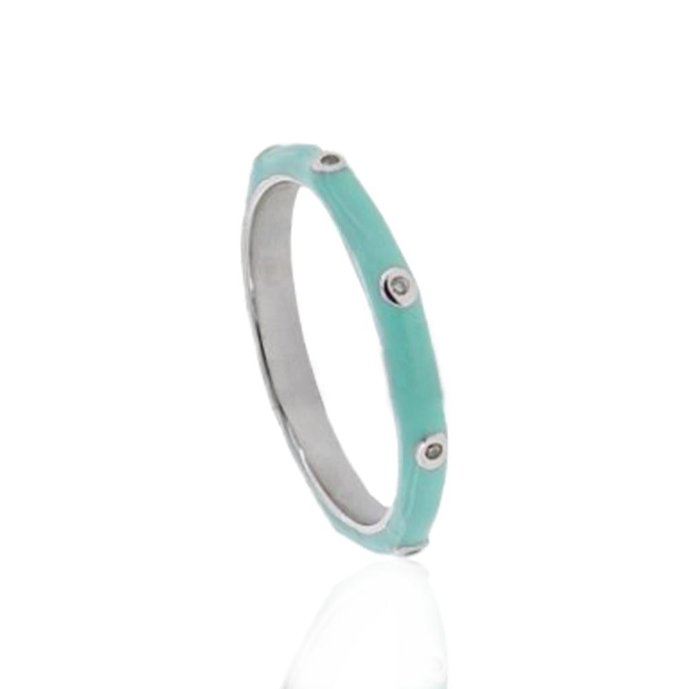 Anello fedina in argento 925 rodiato con smalto turchese e zirconi bianchi