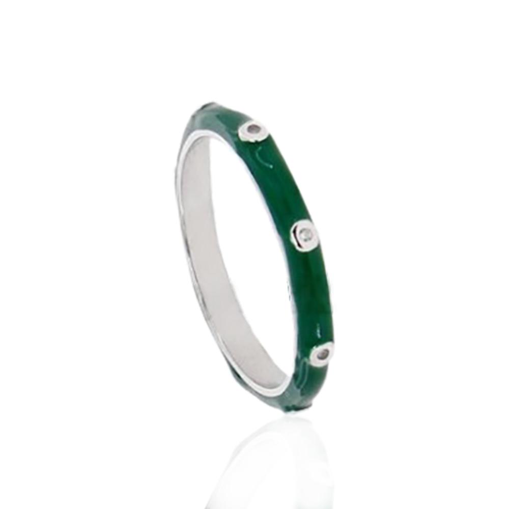 Anello fedina in argento 925 rodiato con smalto verde e zirconi bianchi