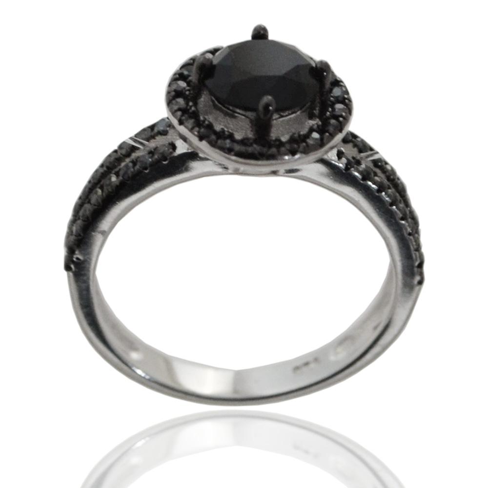 Anello solitario in argento 925 placcato rodio e rutenio con zirconi neri altà qualità in taglio brillante