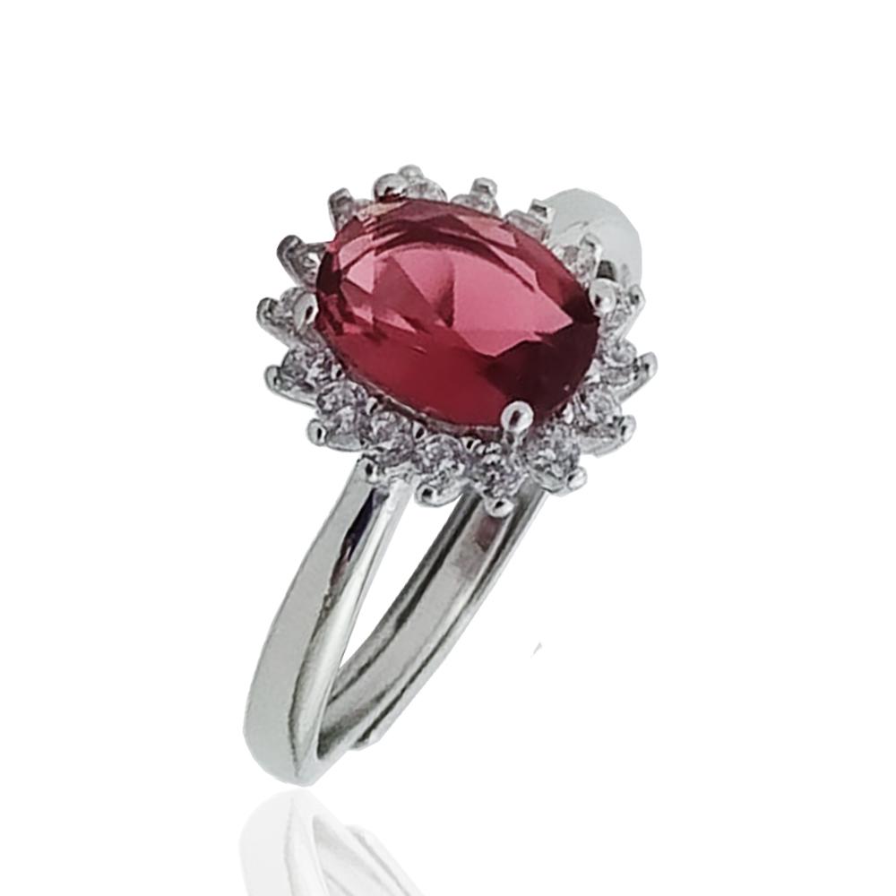 Anello ovale mm 12x10 modello kate in argento 925 rodiato con zirconi bianchi e rosso rubino centrale