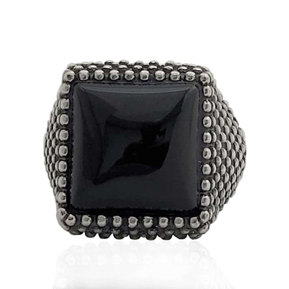 Anello quadrato per uomo mm 19x19 in argento 925 brunito con microsfere e pietra nera in onice