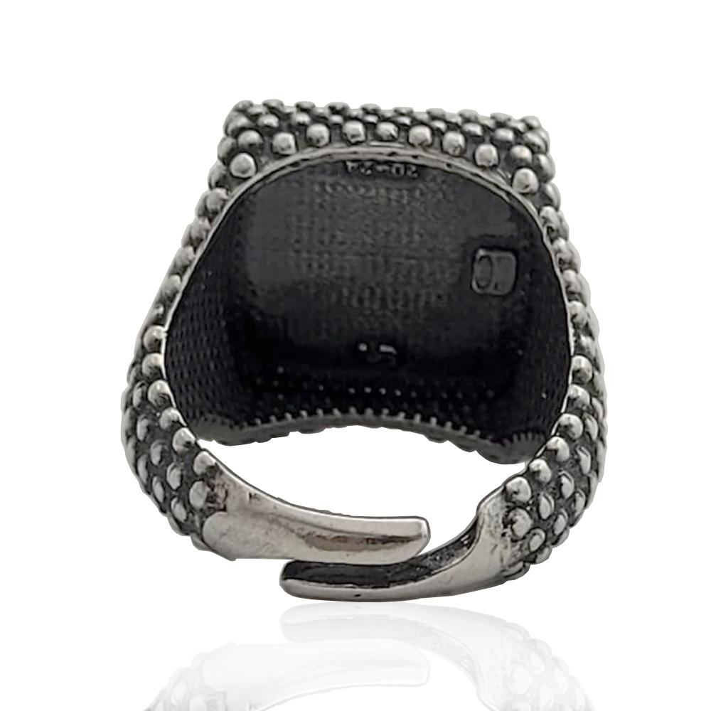 Anello quadrato per uomo mm 19x19 in argento 925 brunito con microsfere e pietra nera in onice