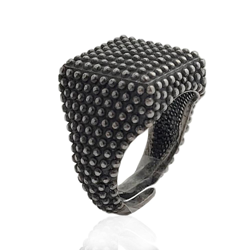 Anello quadrato per uomo mm 19x19 in argento 925 brunito con microsfere