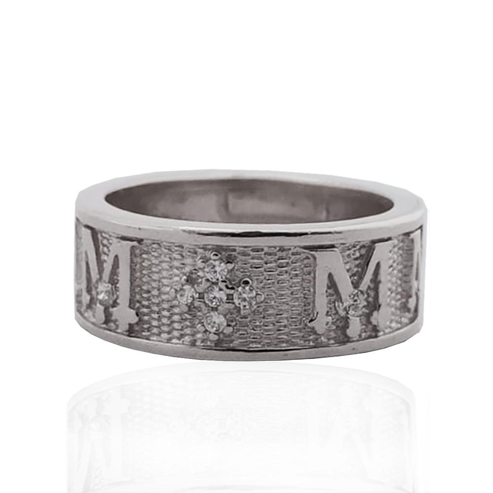 Anello sacro a fascia mm 8 vergine maria in argento 925 rodiato con zirconi bianchi