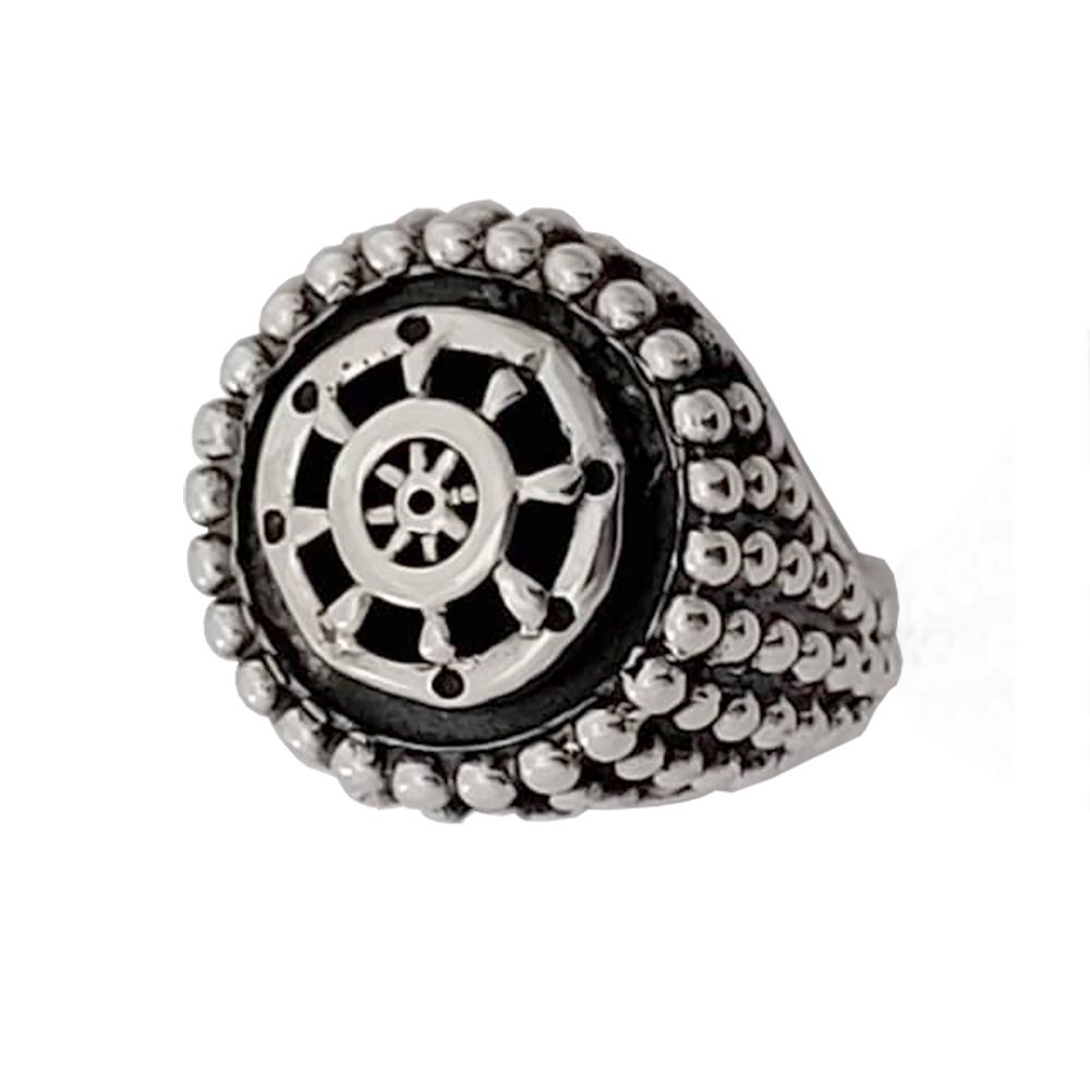 Anello tondo mm 19x19 in argento 925 brunito con microsfere e timone centrale