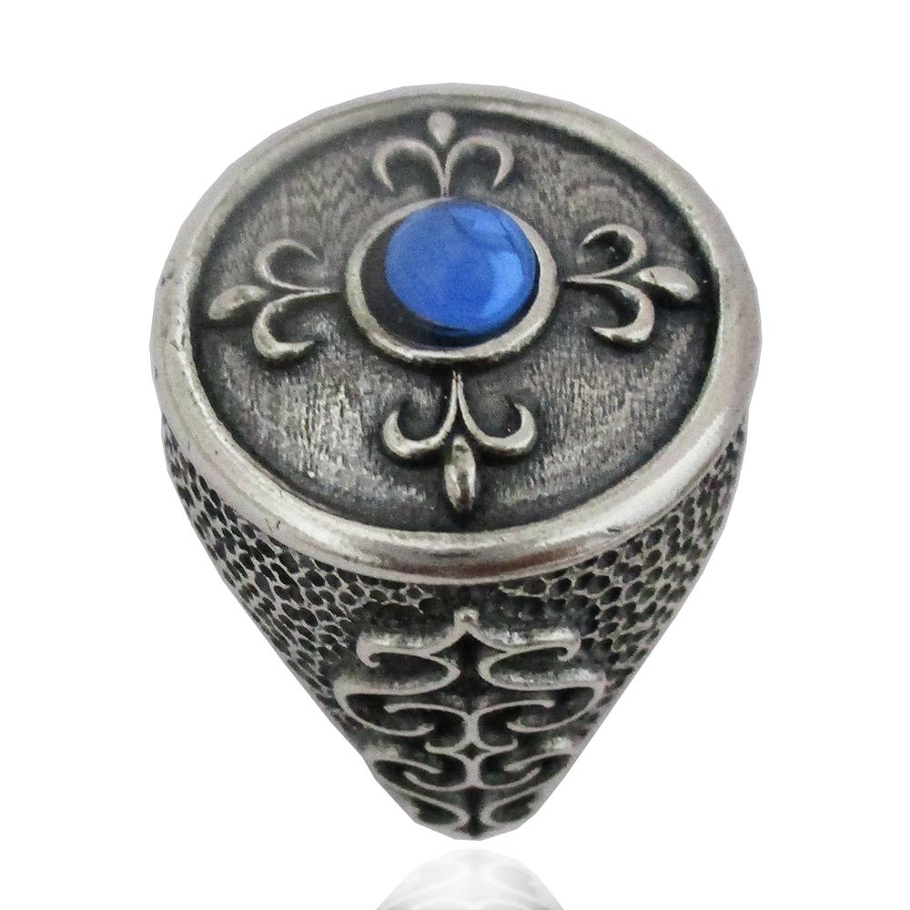 Anello tondo mm 20 in argento 925 brunito con decoro giglio e pietra blu