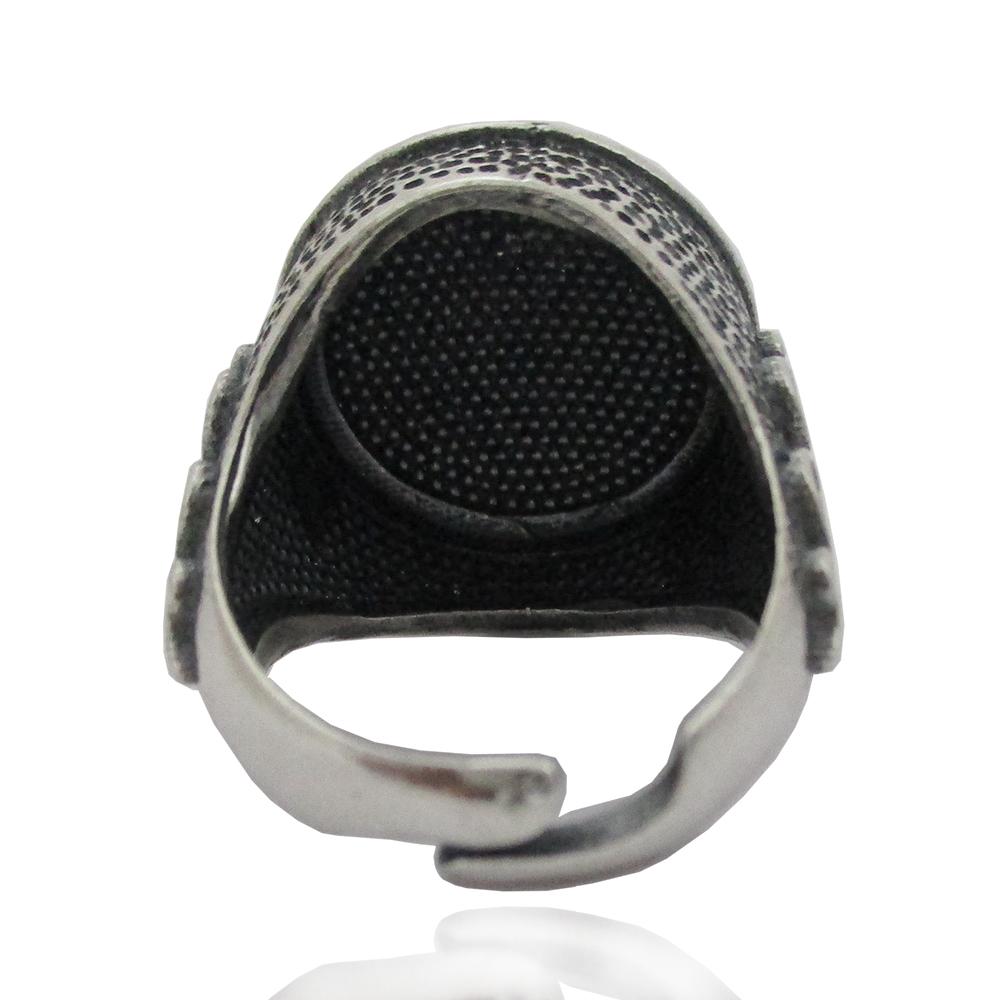Anello tondo mm 20 in argento 925 brunito con decoro giglio e pietra blu
