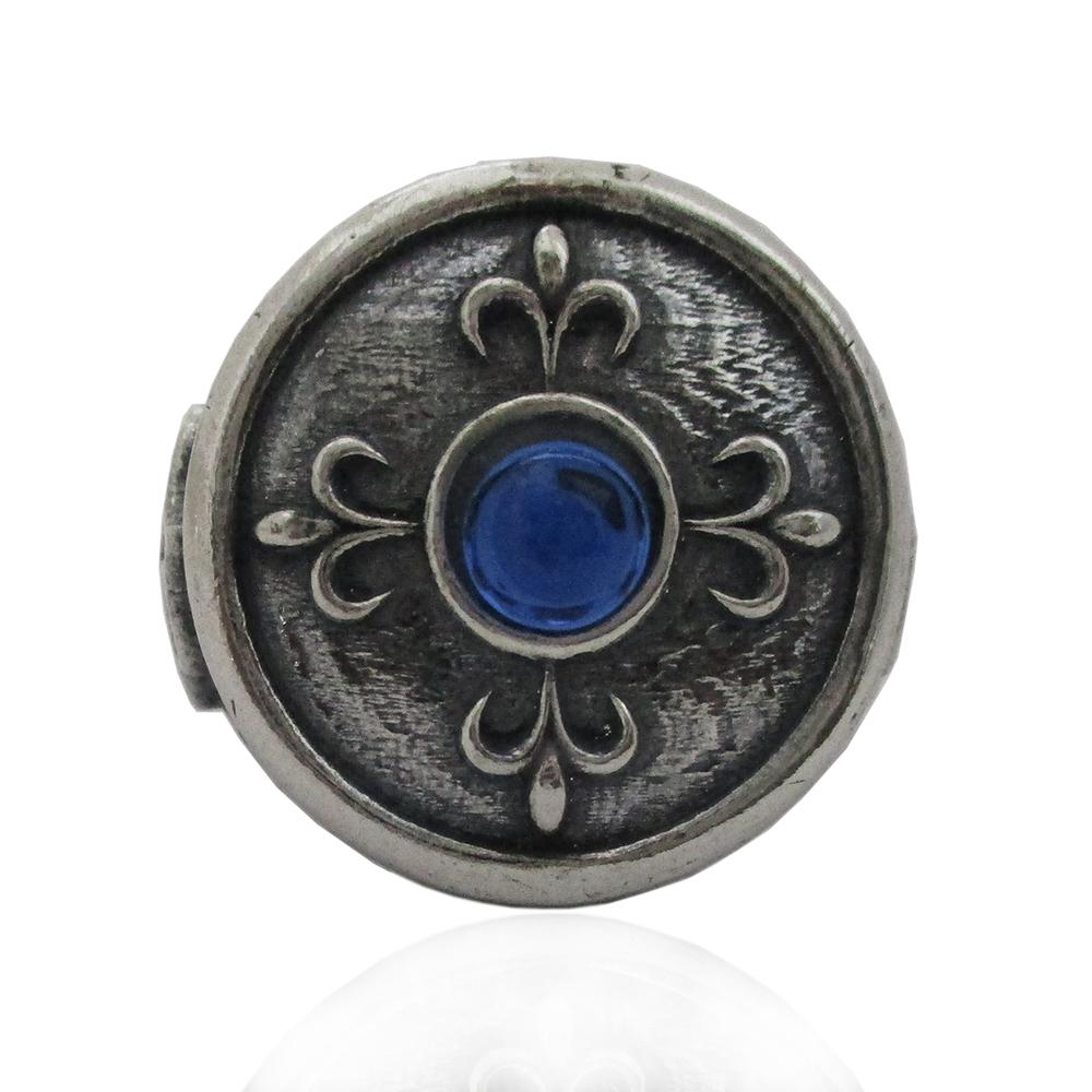 Anello tondo mm 20 in argento 925 brunito con decoro giglio e pietra blu