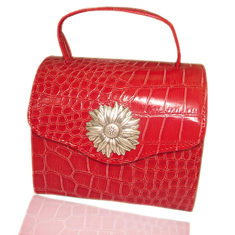 Borsa beauty portagioie 10x13 in pelle rossa con margherita centrale laminata argento