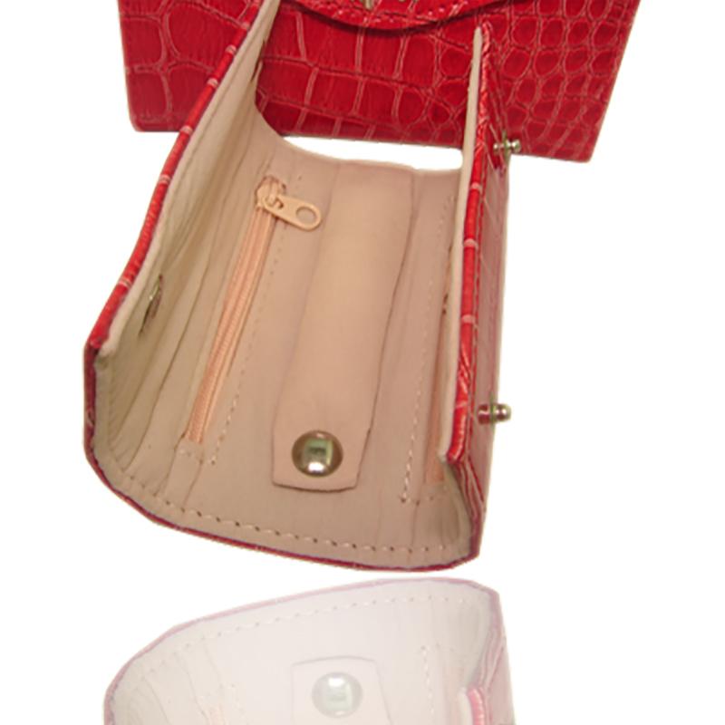 Borsa beauty portagioie 10x13 in pelle rossa con margherita centrale laminata argento