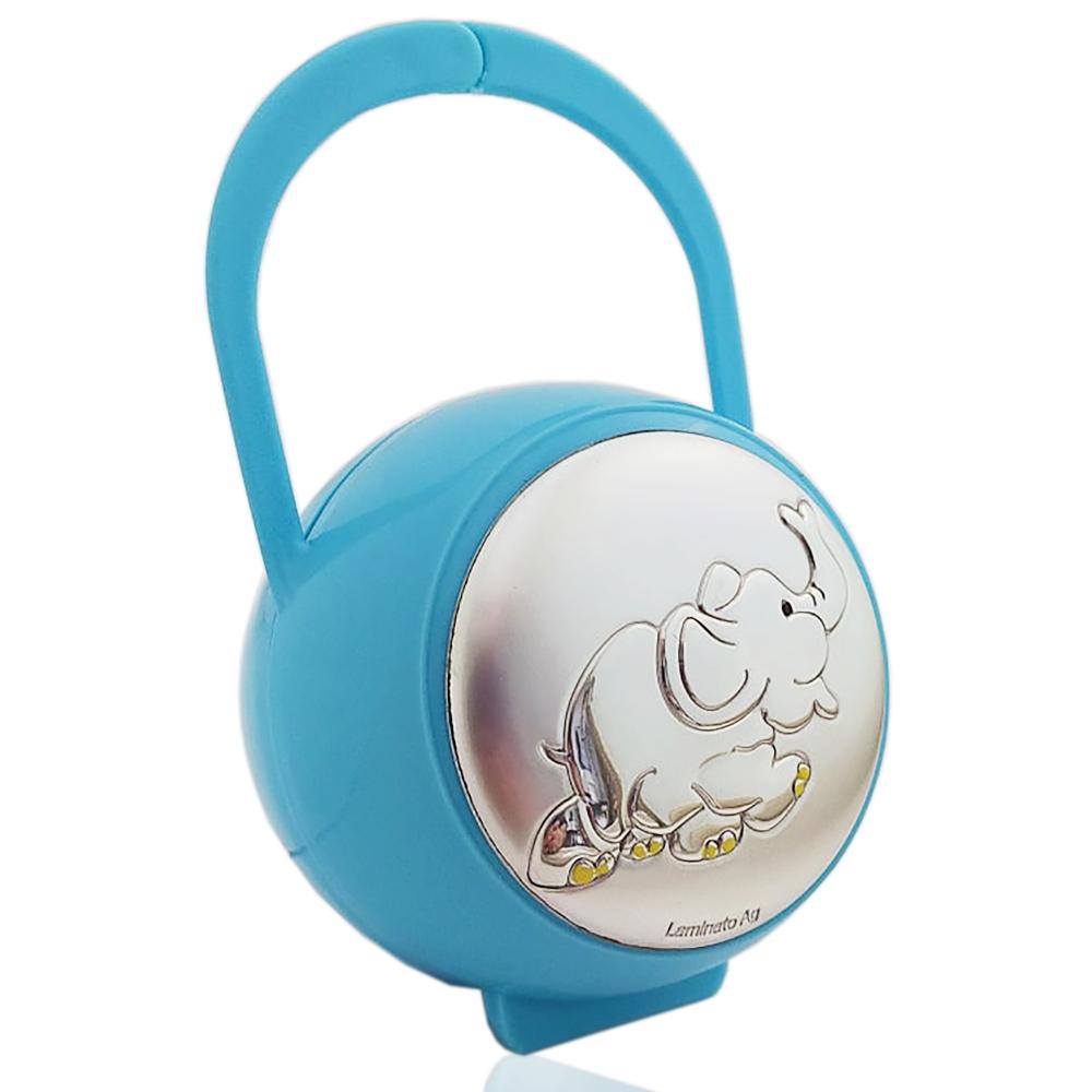 Box portaciuccio elefante laminato argento, accessori ciuccio prima infanzia azzurro