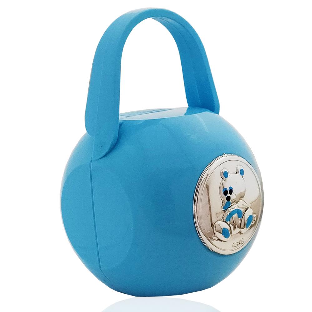 Box portaciuccio azzurro con orsetto seduto laminato argento e smaltato
