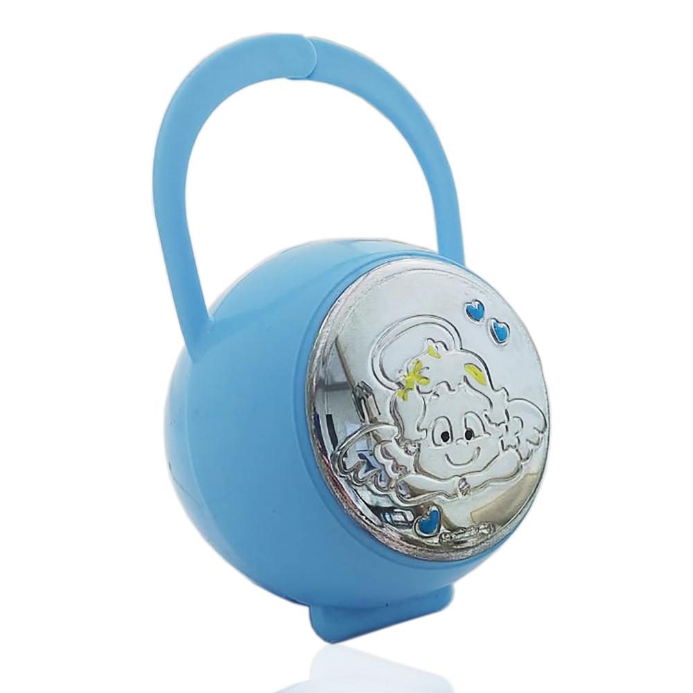 Box portaciuccio angelo puttino laminato argento, accessori ciuccio prima infanzia azzurro