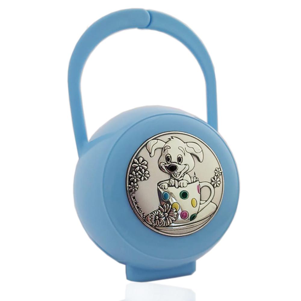 Box portaciuccio cagnolino laminato argento, accessori ciuccio prima infanzia azzurro