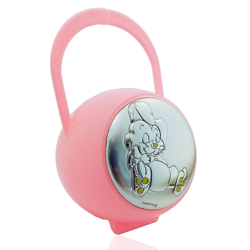 Box portaciuccio coniglietto che dorme laminato argento, accessori ciuccio prima infanzia rosa