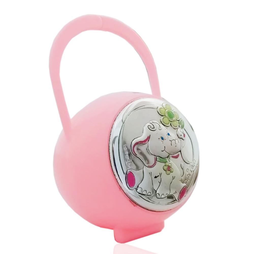 Box portaciuccio elefante con fiore laminato argento, accessori ciuccio prima infanzia rosa