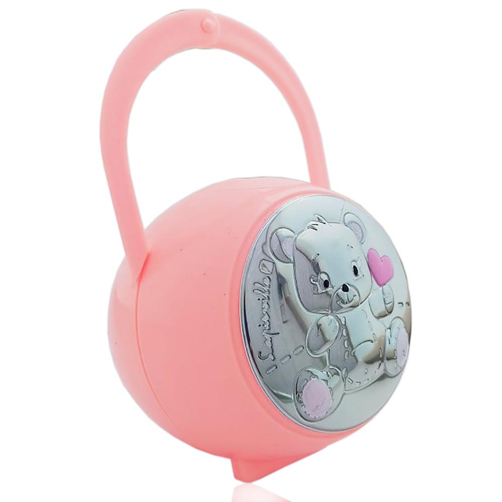 Box portaciuccio orsetto con cuore laminato argento, accessori ciuccio prima infanzia rosa