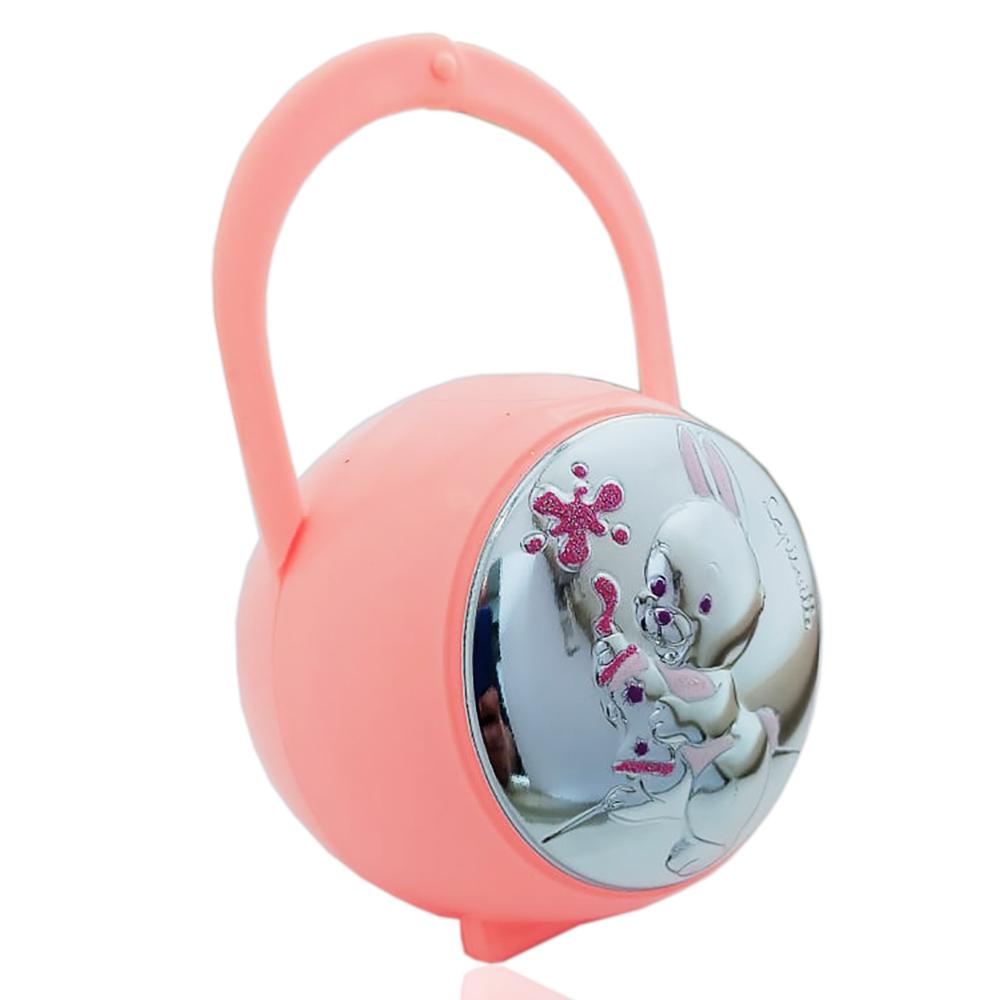 Box portaciuccio rosa con coniglietto con biberon laminato argento smaltato e glitterato