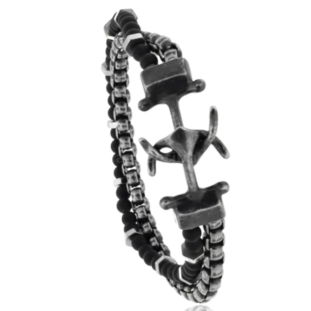 Bracciale in acciaio brunito a 2 fili con maglia veneziana e agata nera satinata da 4 mm e con ancore a chiusura
