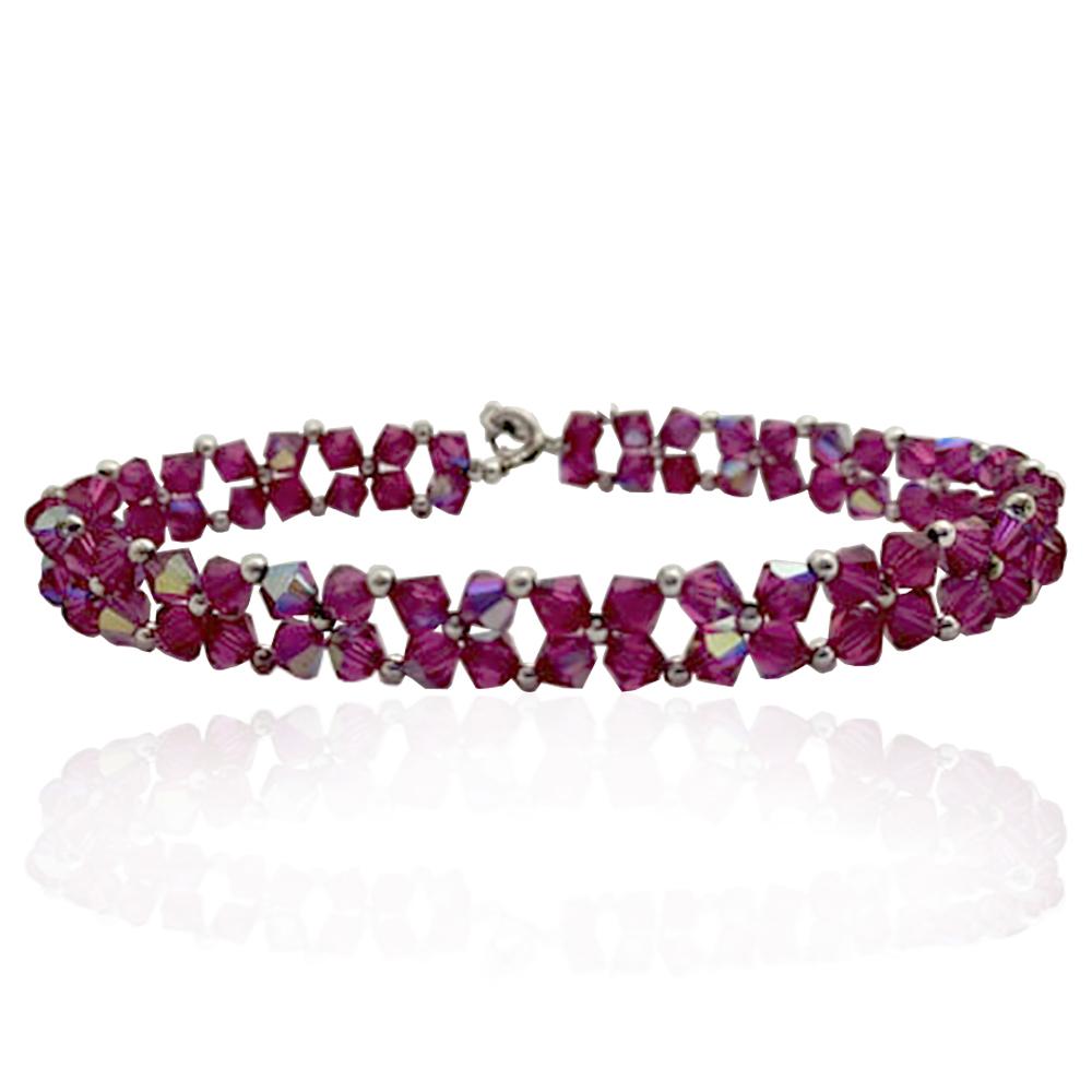 Bracciale fatto a mano a 2 fili con cristalli swarovski fuchsia mm 4 con chiusura e tramezzi in argento 925