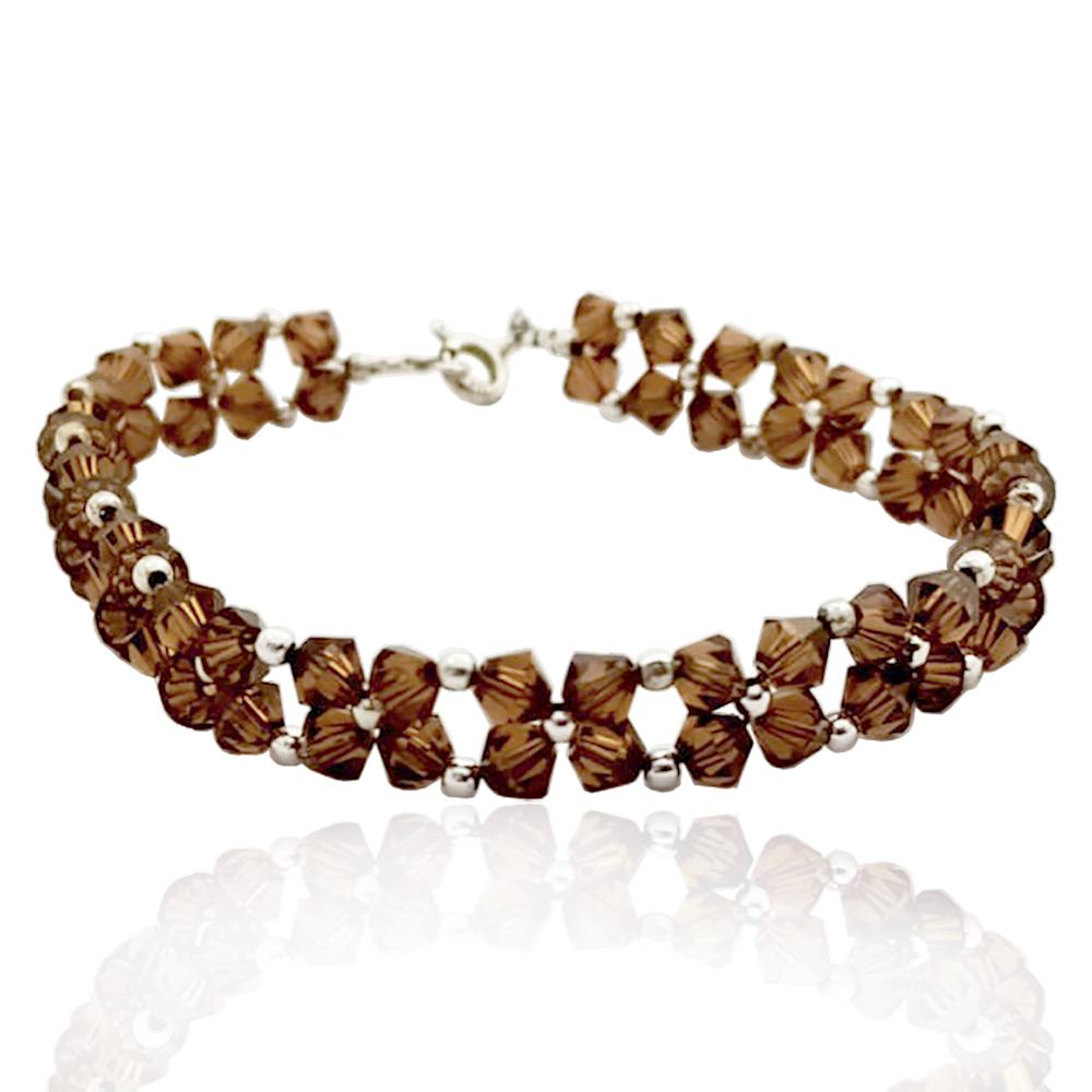 Bracciale fatto a mano a 2 fili con cristalli swarovski smoked topaz mm 4 con chiusura e tramezzi in argento 925