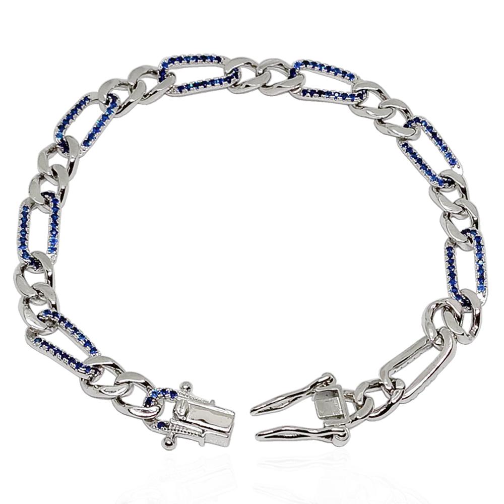 Bracciale a catena grumetta alternata in argento 925 rodiato con zirconi capri blue