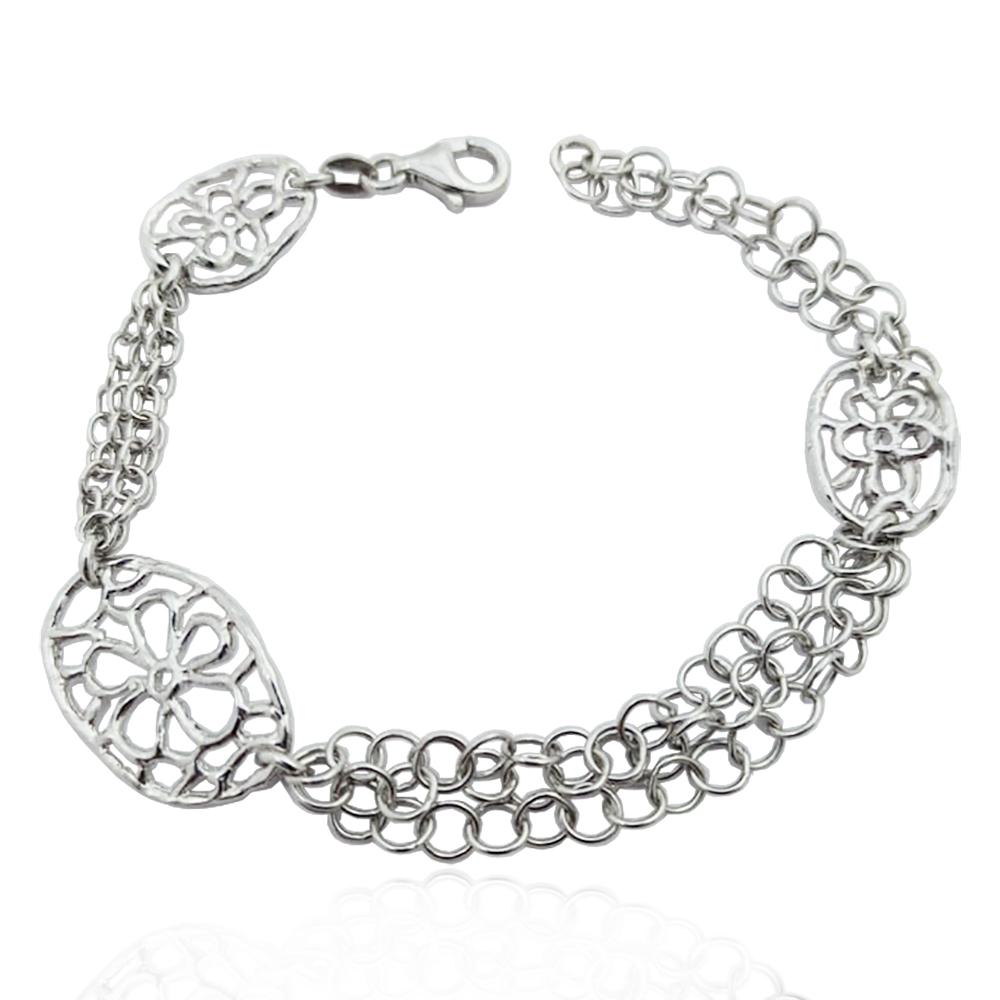 Bracciale a maglia multipla rolo' in argento 925 rodiato con ovali con margherite traforate