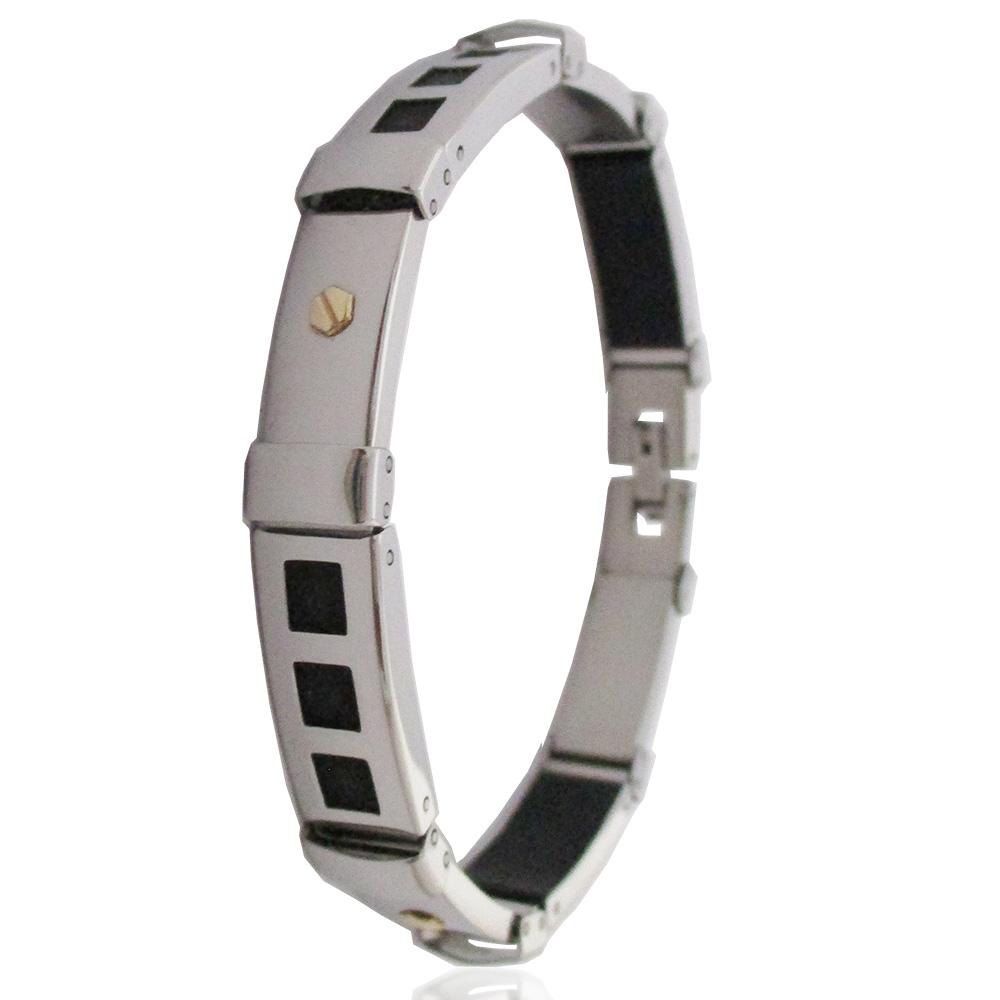 Bracciale a segmenti in caucciu acciaio traforato con quadrati con borchie in oro giallo cm 20