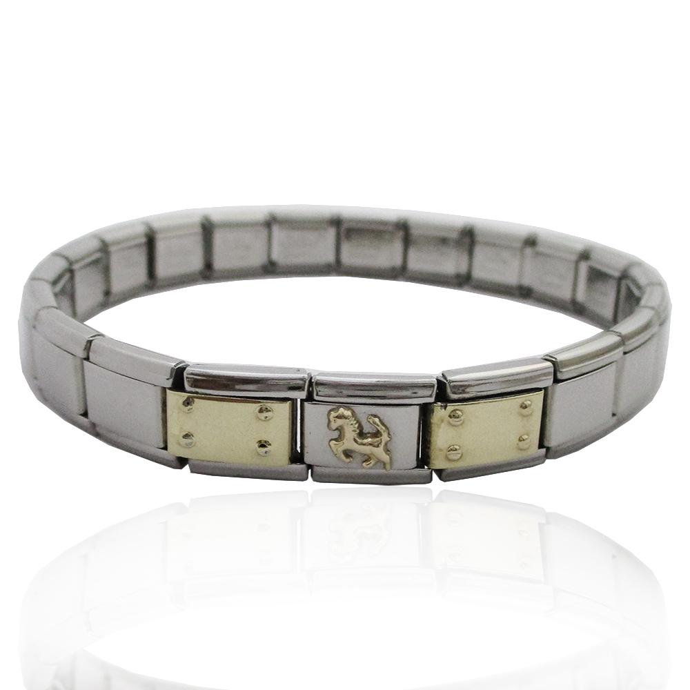 Bracciale componibile cm 20 in acciaio anallergico con cavallino rampante ed elementi in oro giallo 18 carati