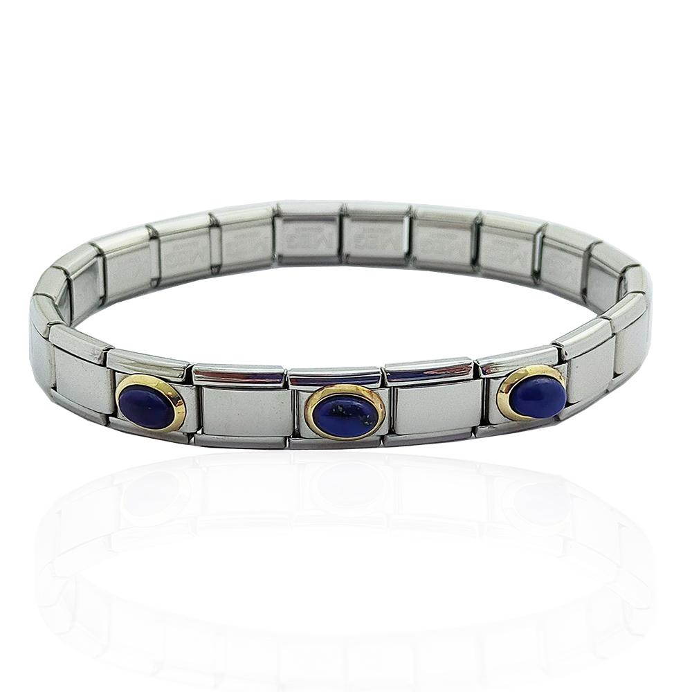 Bracciale componibile in acciaio anallergico con elementi in oro giallo 18 carati e pietre dure ovali