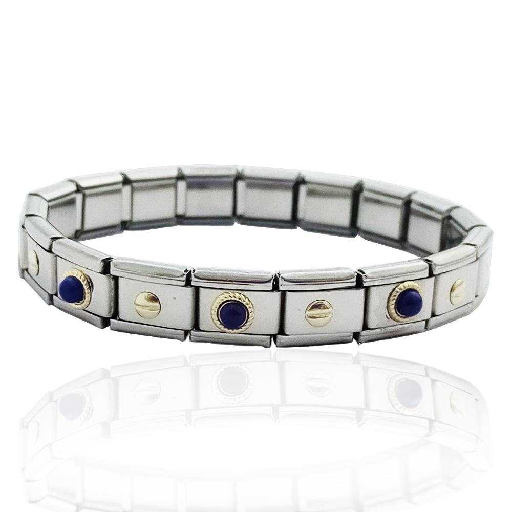 Bracciale componibile in acciaio anallergico con elementi in oro giallo 18 carati e pietre dure blu