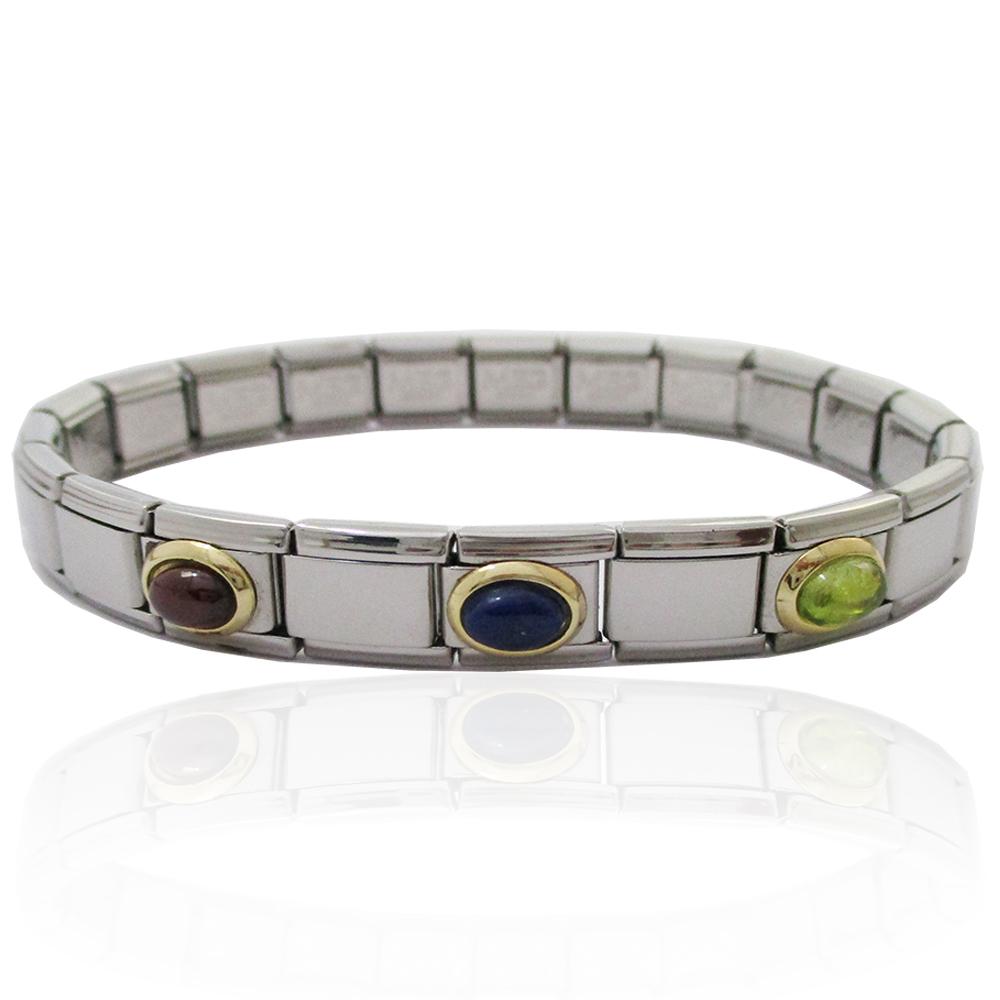 Bracciale componibile in acciaio anallergico con elementi in oro giallo 18 carati e pietre dure