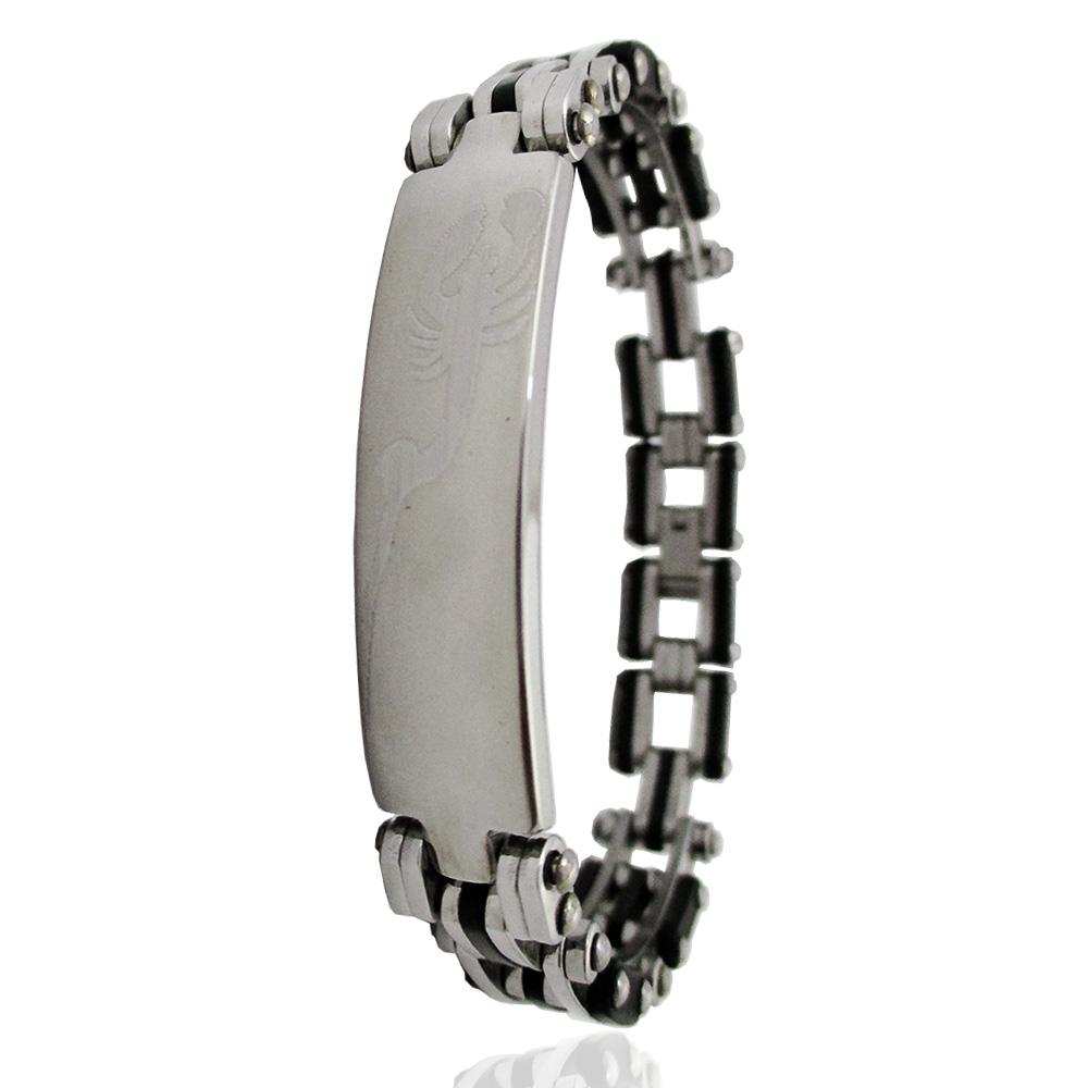 Bracciale uomo in acciaio con inserti in caucciù con scorpione laserato su targa centrale -personalizzabile-