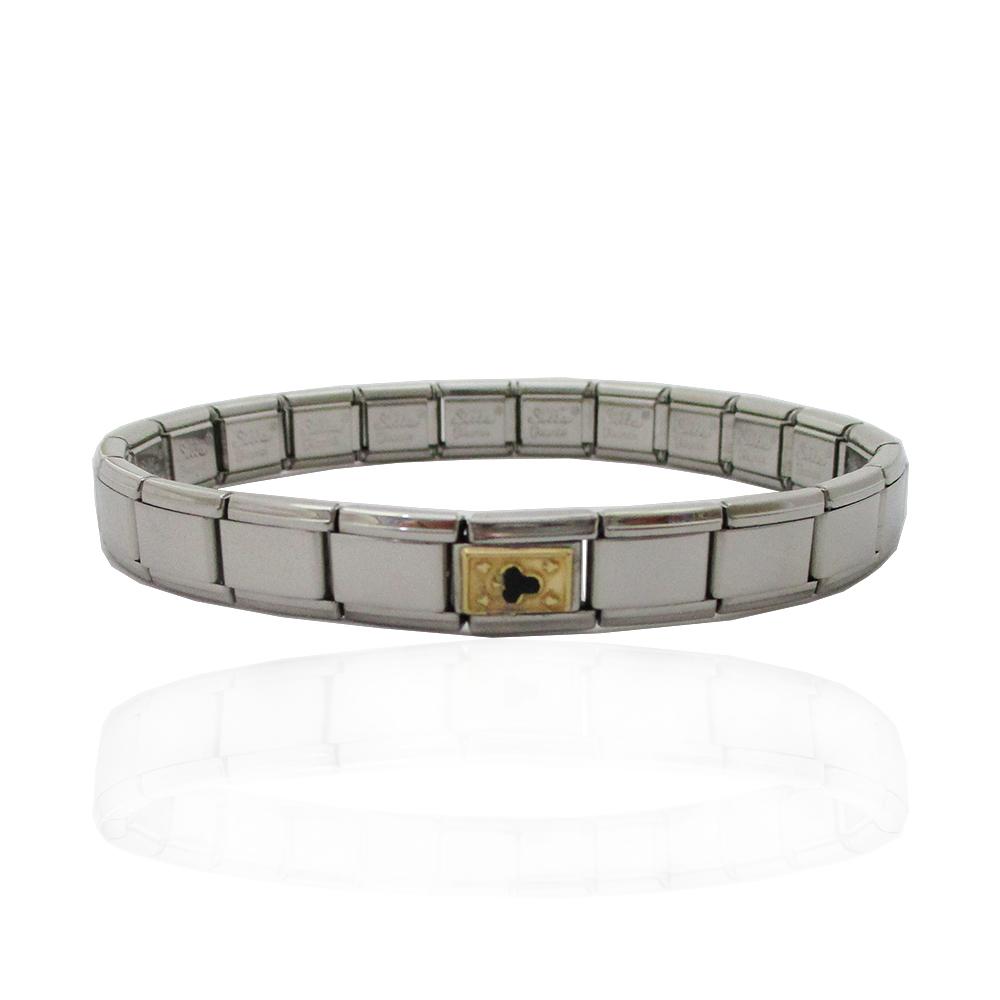 Bracciale acciaio estensibile in acciaio lucido con centrale in oro simbolo fiori