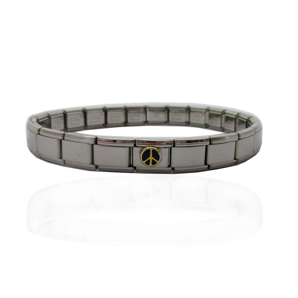 Bracciale acciaio estensibile in acciaio lucido con centrale in oro simbolo pace in blu